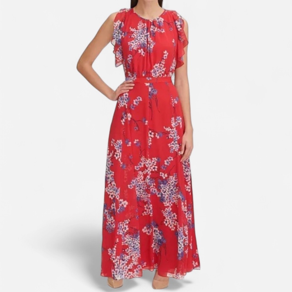 Tommy Hilfiger Eloise Floral Chiffon Maxi Dress with Flutter Sleeves Size 2
